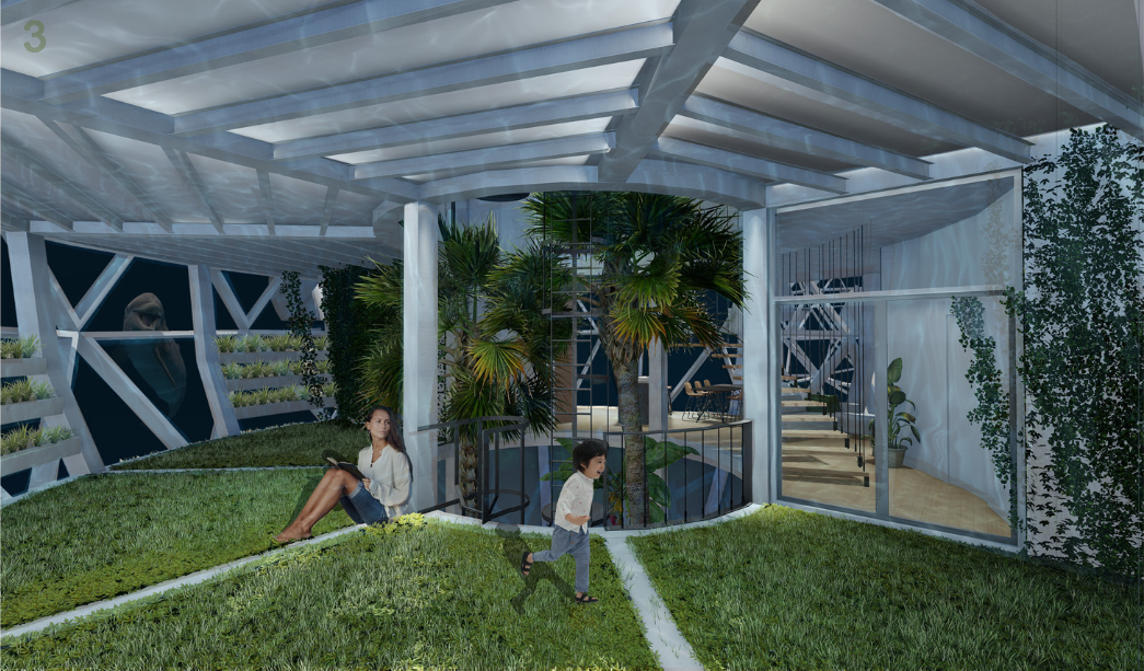 Open lawn area with cylindrical glazed entrance pavilion and people sitting on grass under a vaulted ceiling