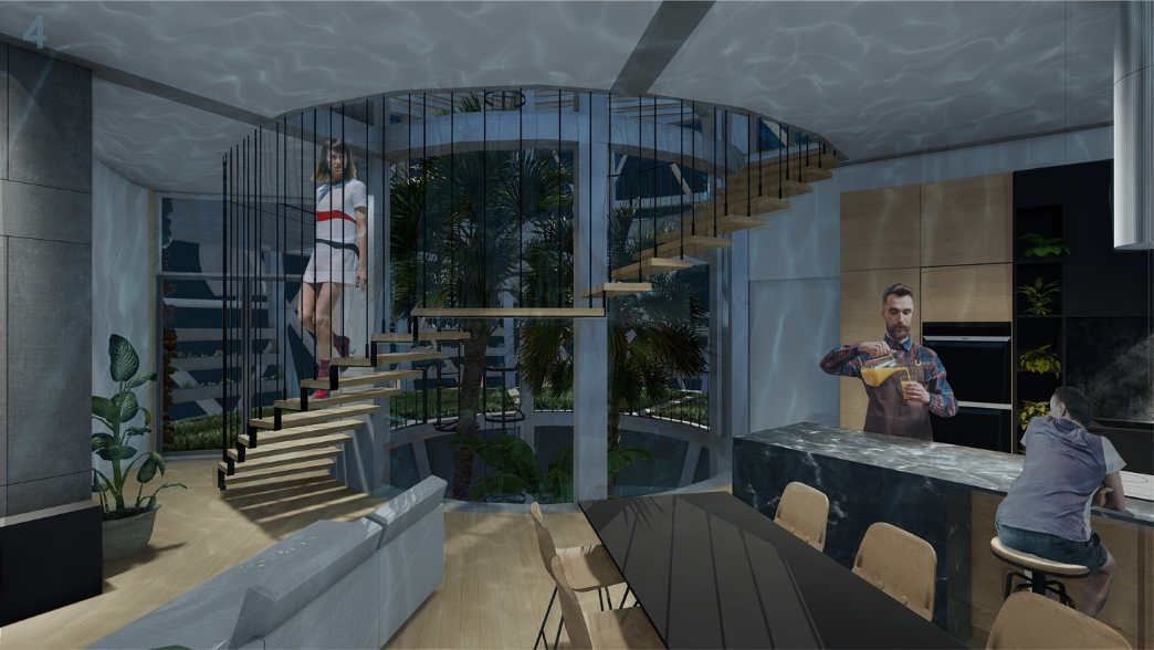 Double-height living space with cantilevered timber staircase and figures at the kitchen island and ascending stairs