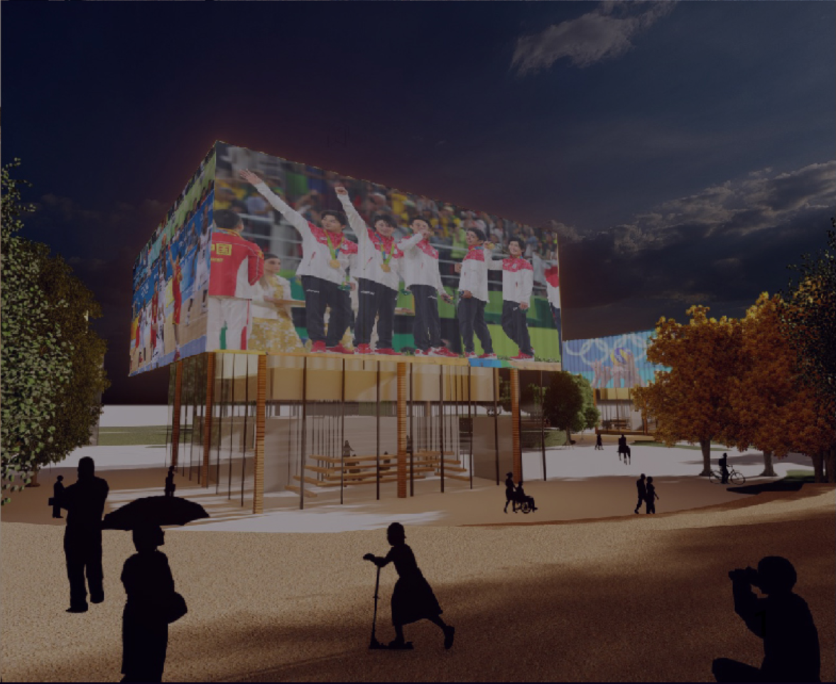 At night, the building becomes a glowing media pavilion, turning public space into a collective sports experience.