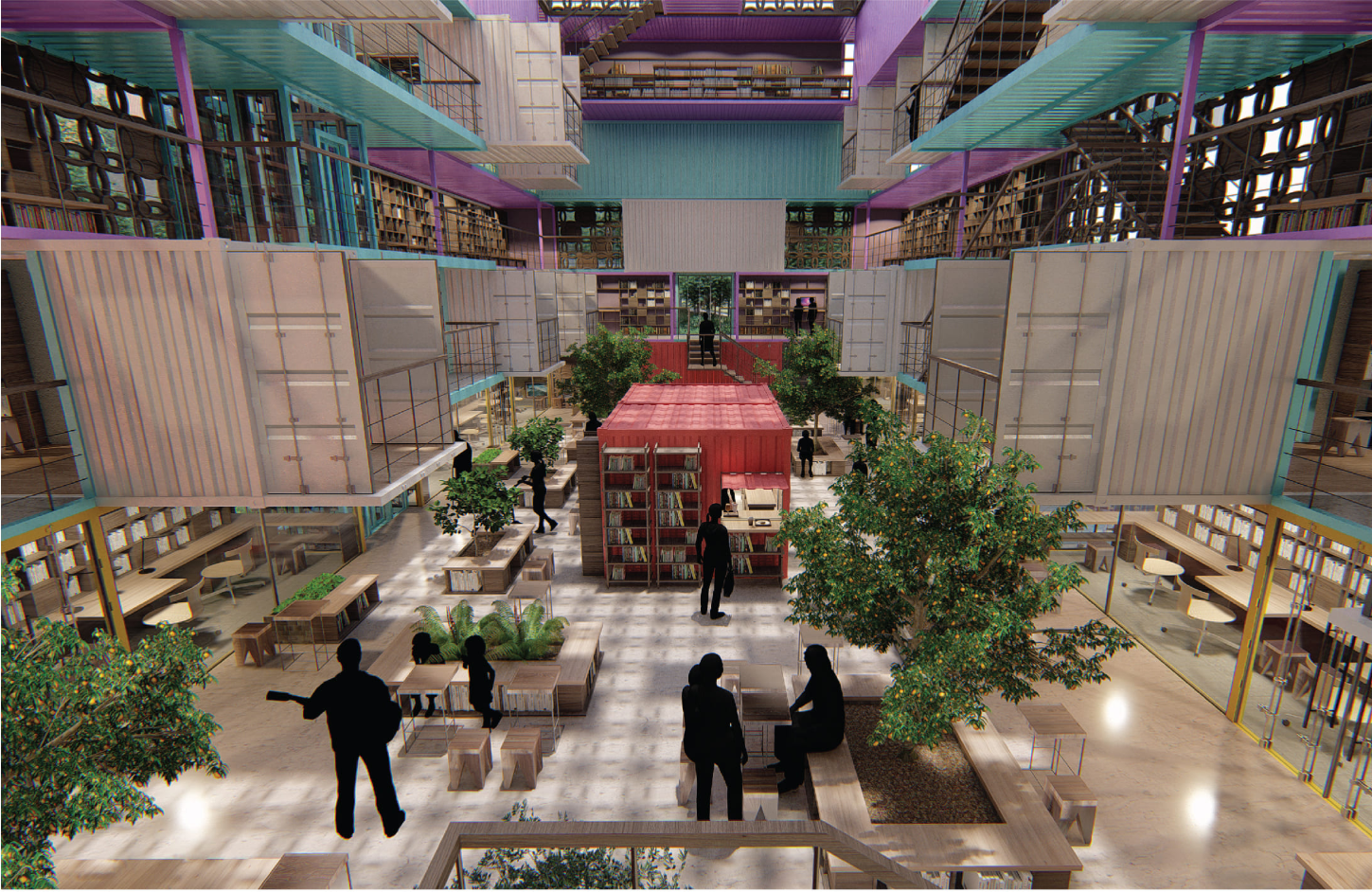 Central library courtyard combining greenery, books, and gathering areas.
