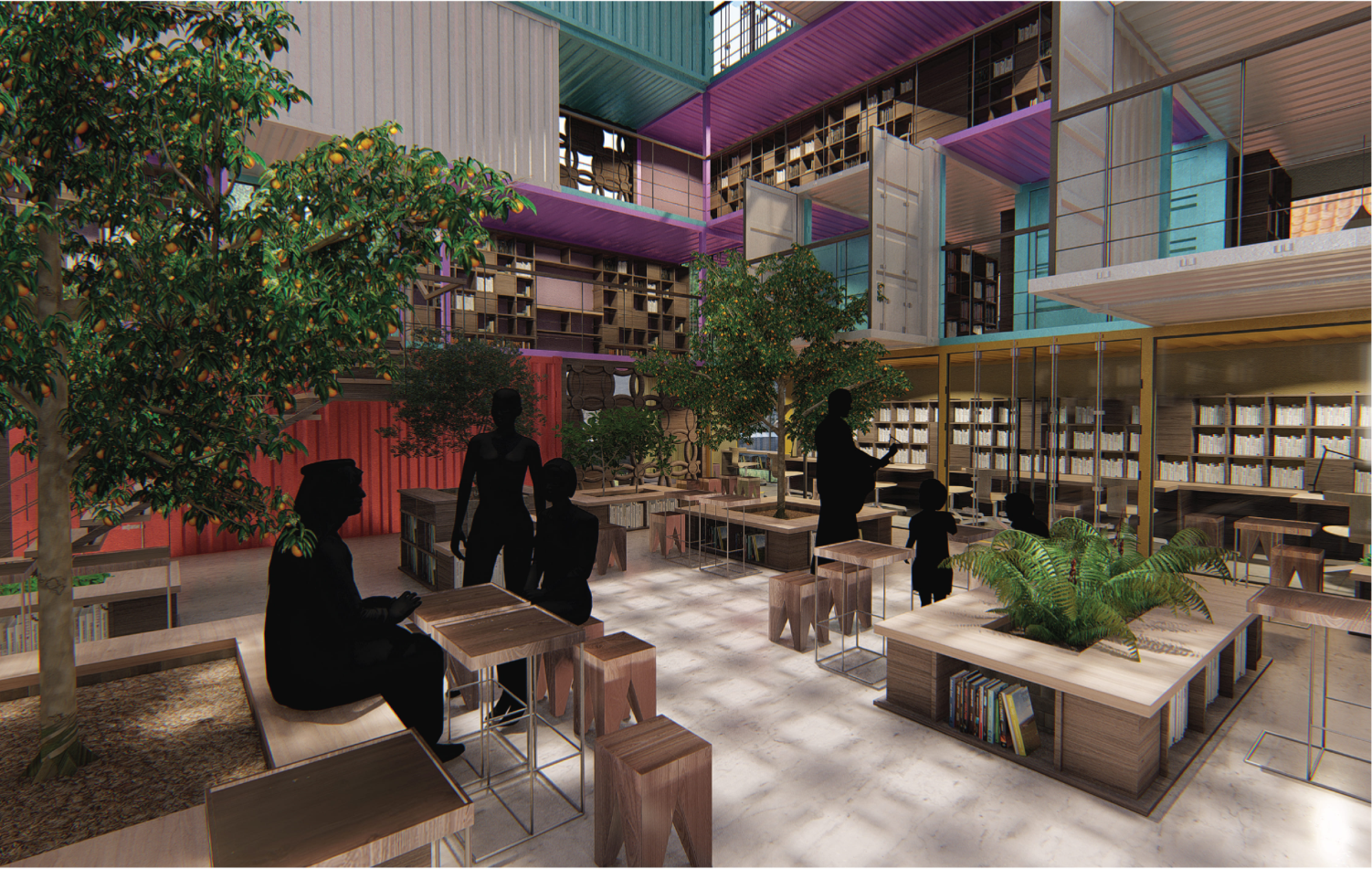 Indoor garden creating a relaxed setting for reading and interaction.