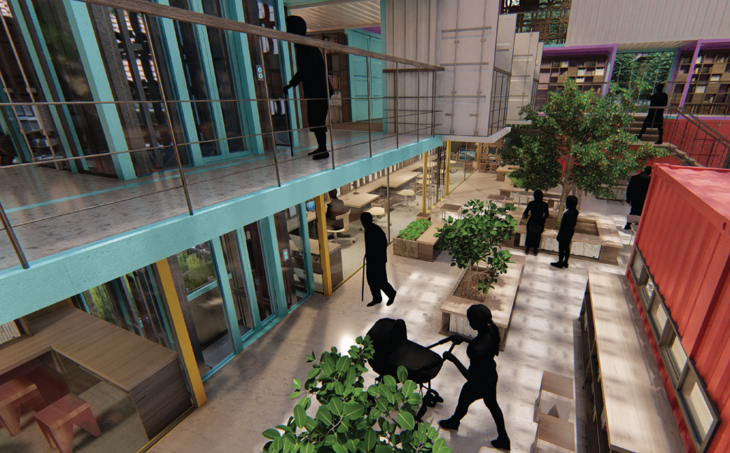 Accessible circulation connecting planted communal spaces across levels.