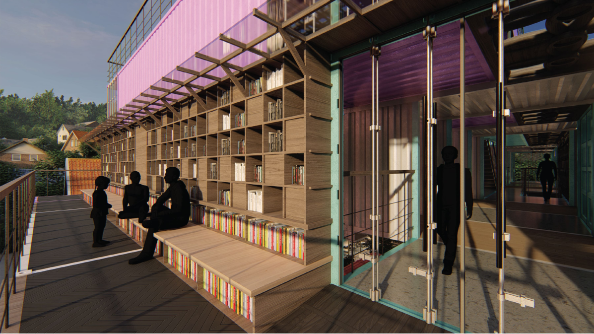 Balcony library with integrated shelving, seating, and outdoor views.