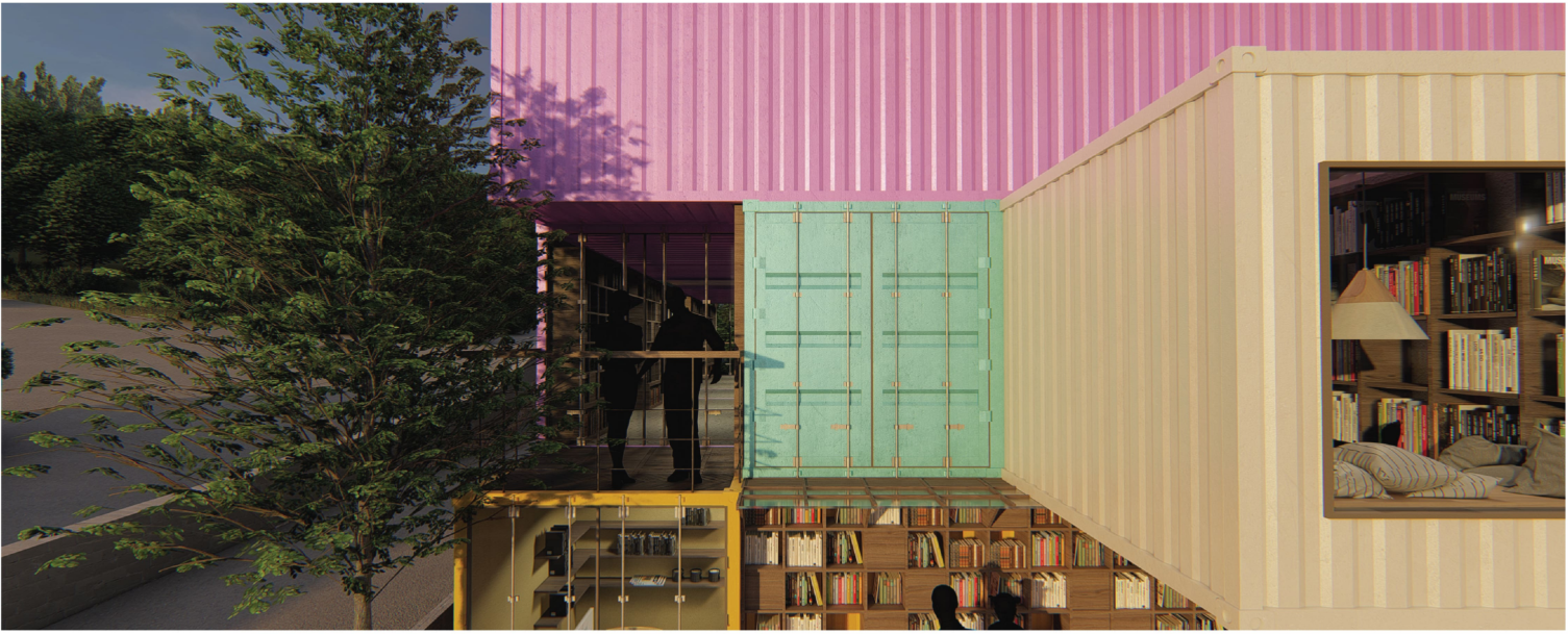 Colorful container modules forming intimate reading and study spaces.