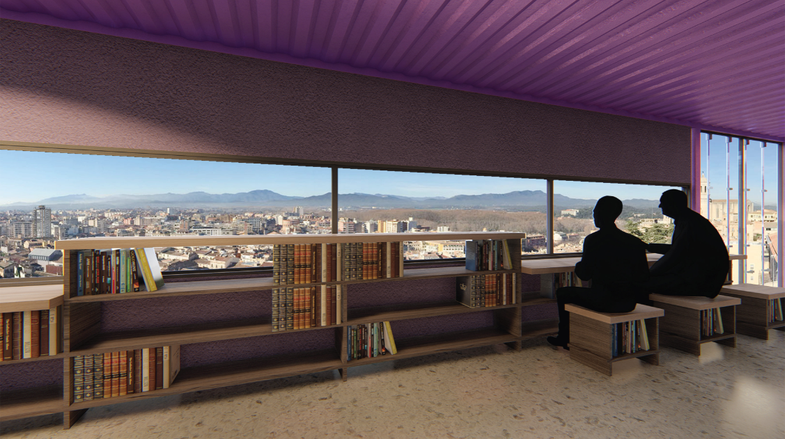 Panoramic reading area overlooking the cityscape of Girona.