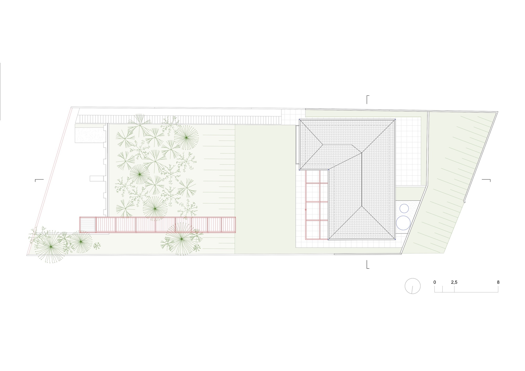 Site plan drawing showing the residence, bridge walkway, and planted garden areas on sloped terrain