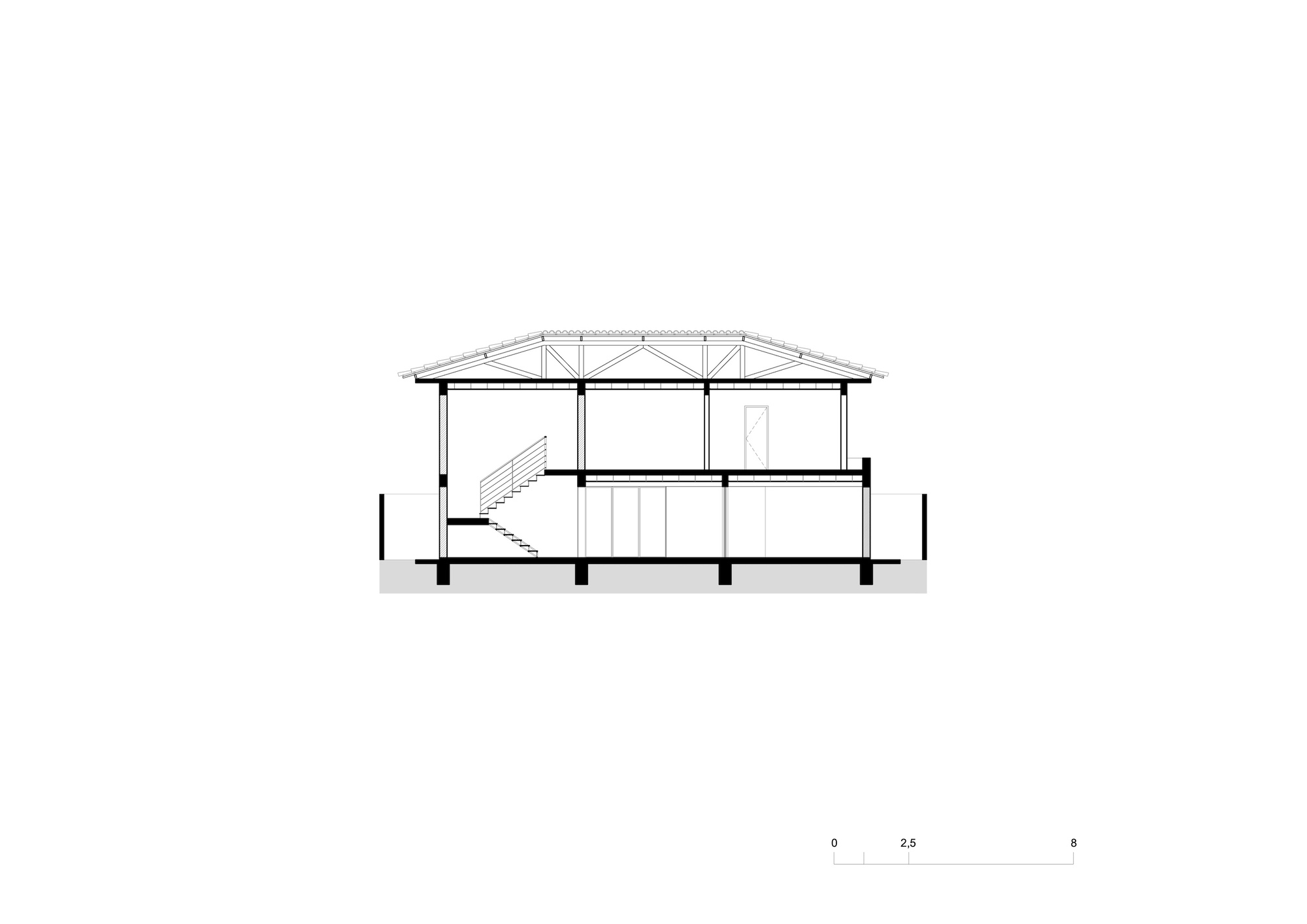 Section drawing illustrating a two-story interior with a pitched roof and exposed trusses
