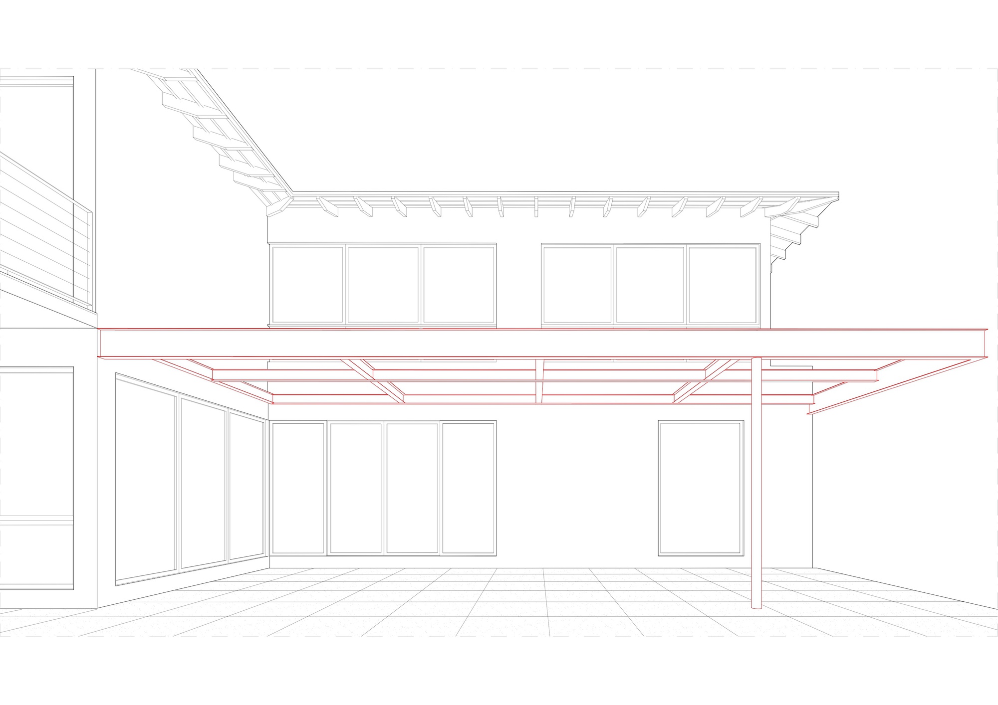 Perspective line drawing of an interior space with exposed ceiling beams and full-height glazing