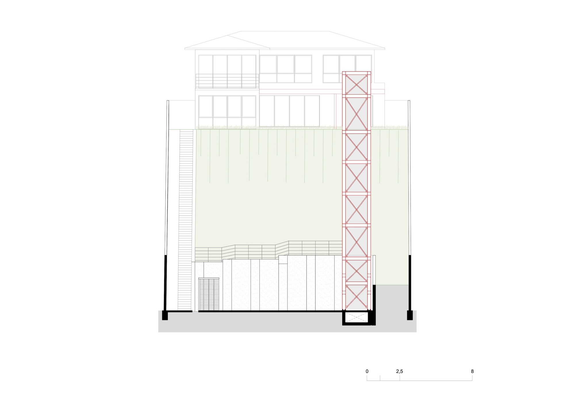 Section drawing featuring a tall lattice tower beside a two-story volume with glazed upper level