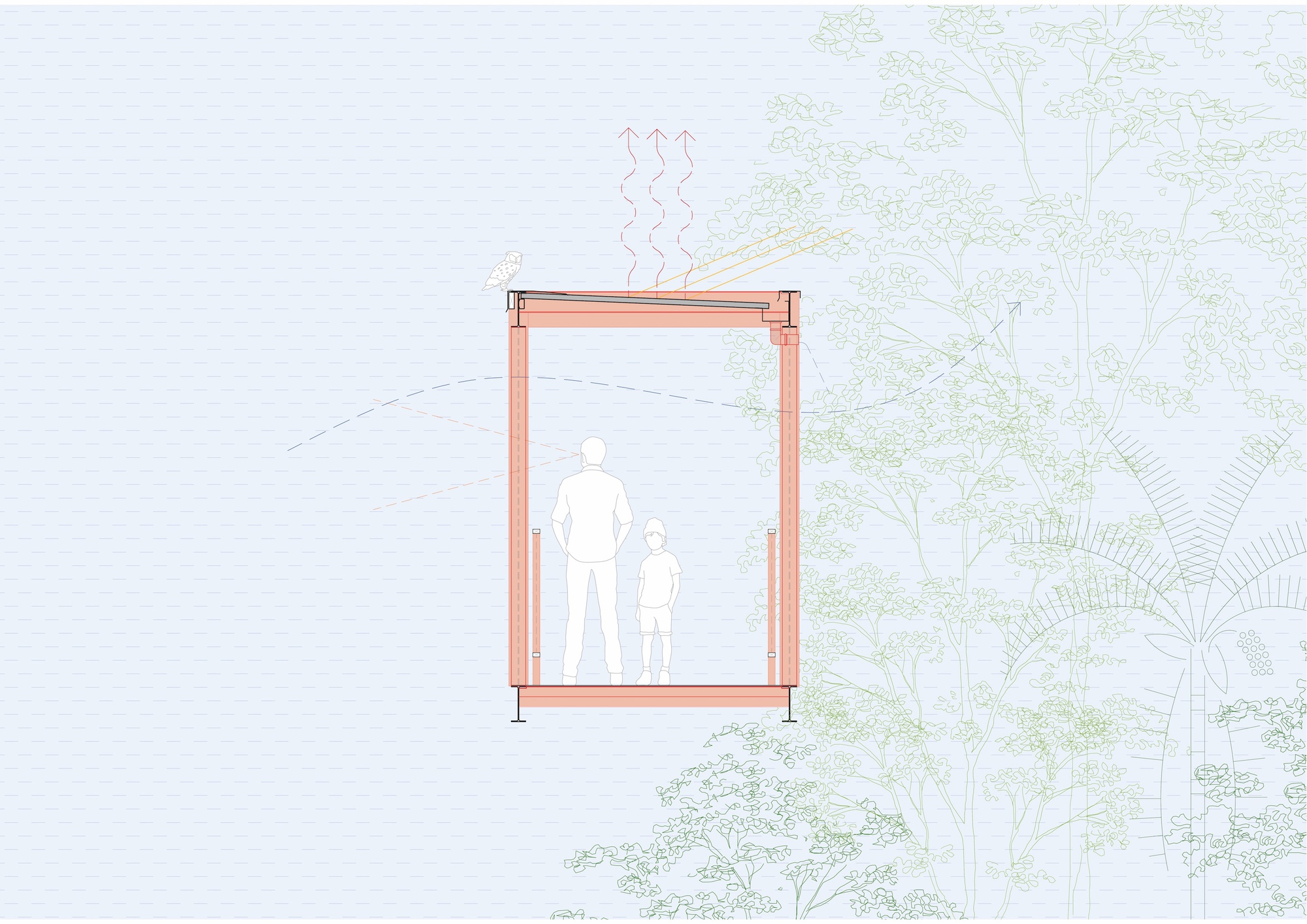 Detail section drawing showing passive ventilation through a framed structure with figures and vegetation