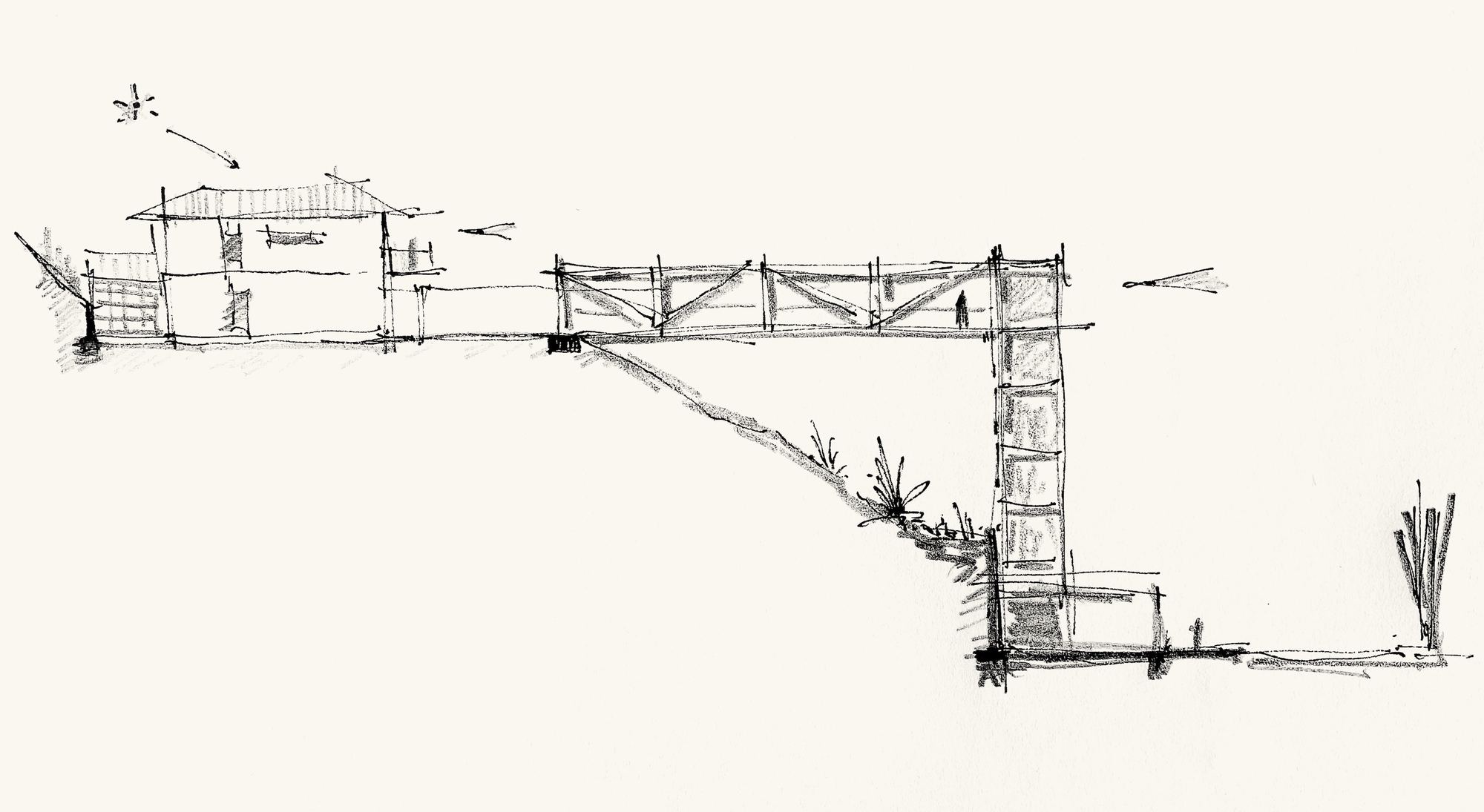 Section sketch showing a bridge structure connecting volumes across sloping terrain with vegetation