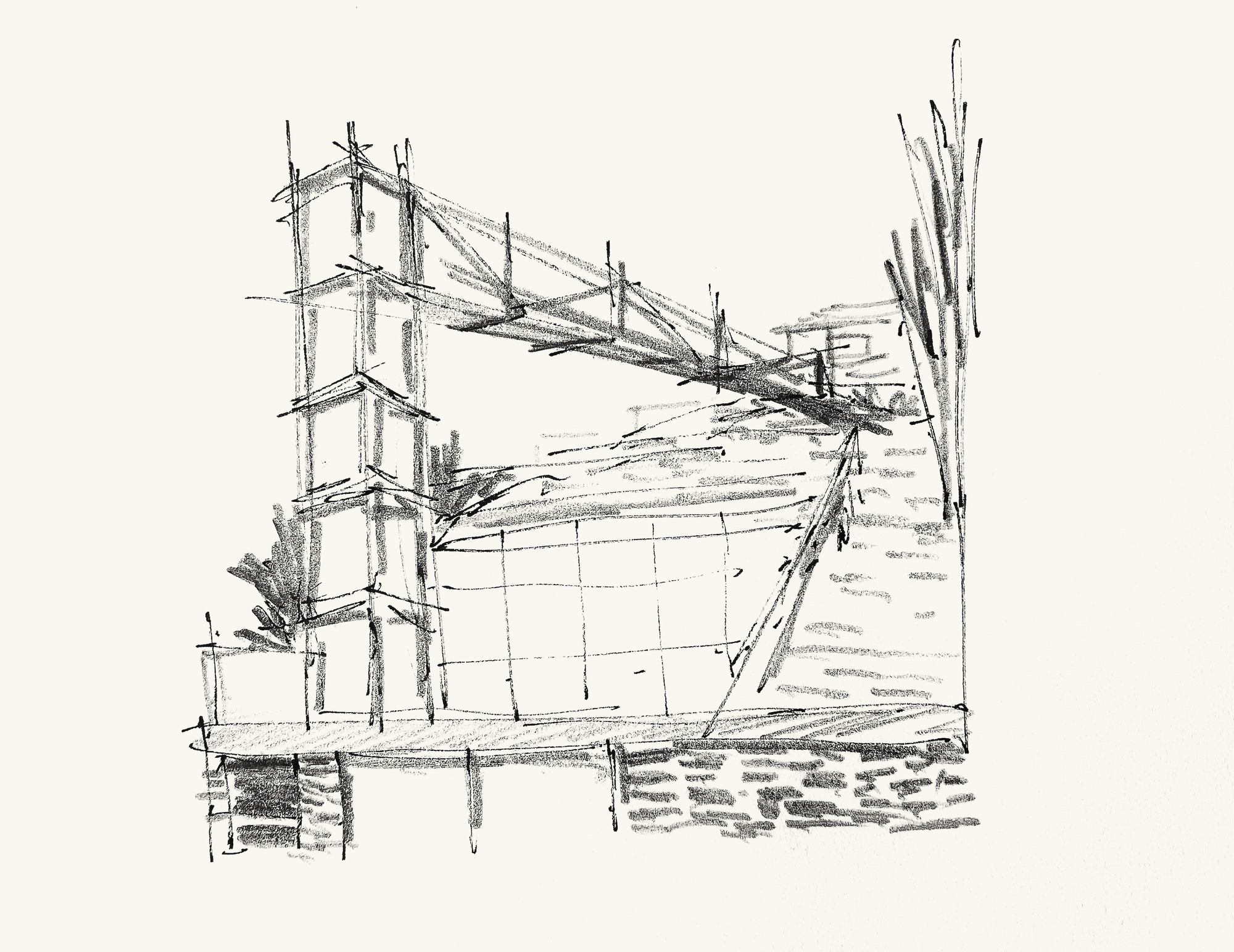 Perspective sketch of a tower with cable-stayed bridge structure and textured facade treatment