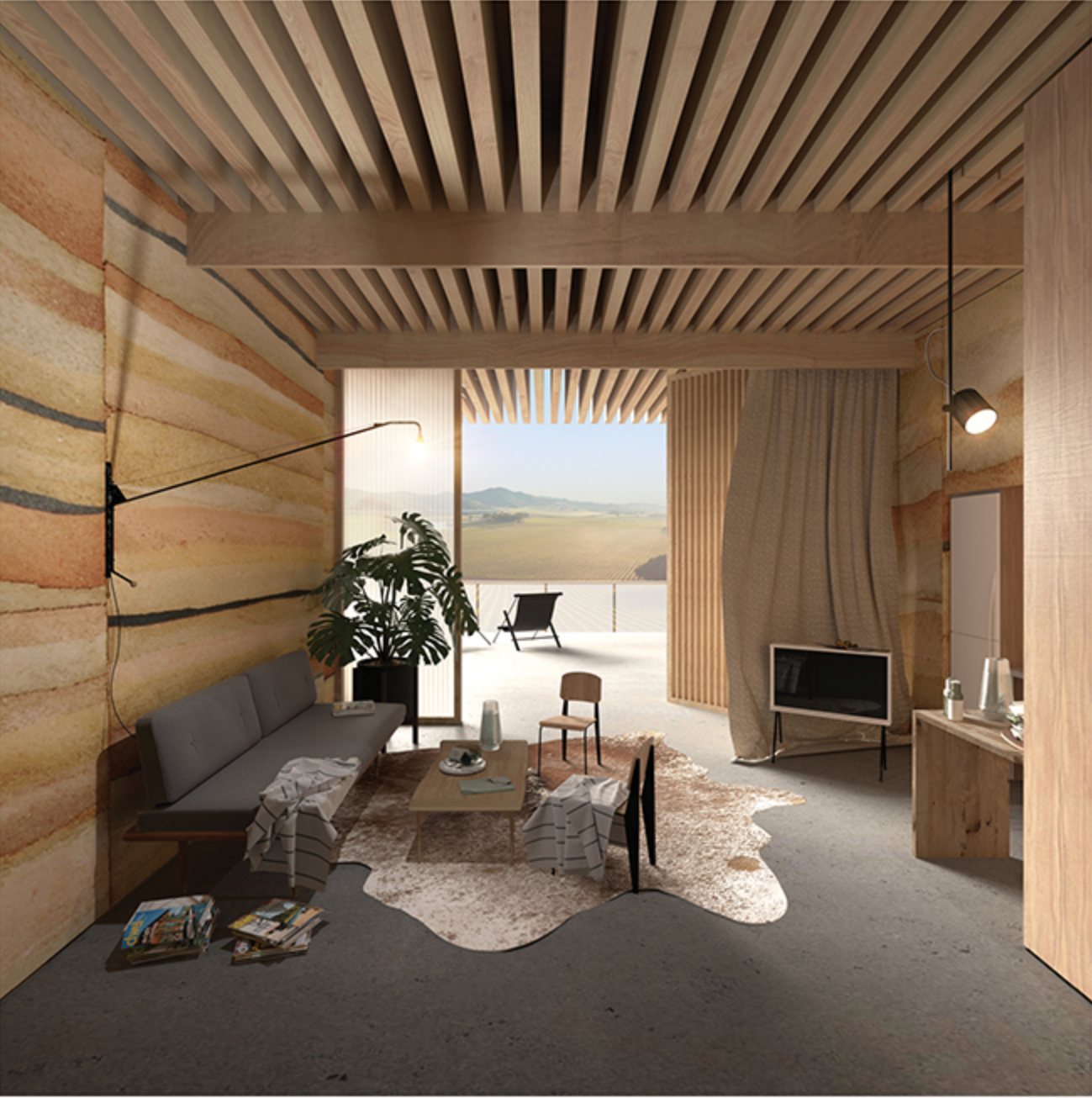 Warm timber interiors and rammed earth walls connect the hospitality spaces with the material character of the landscape.