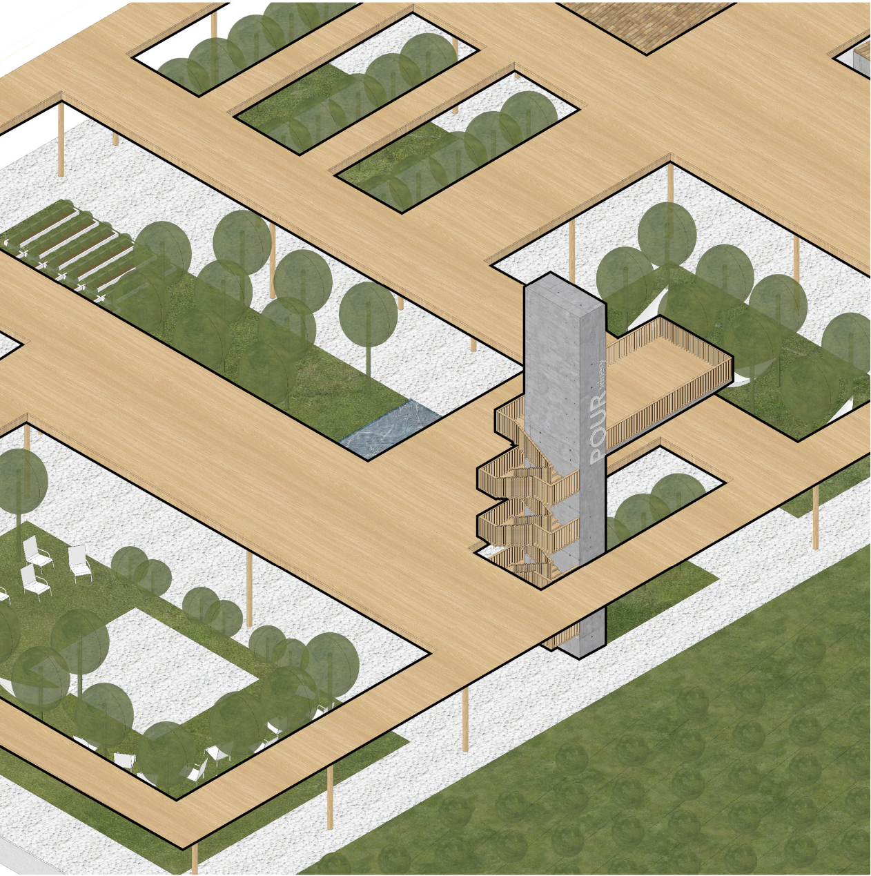 The elevated roofscape frames landscaped courtyards, gardens, and the distinctive watchtower within the winery complex.