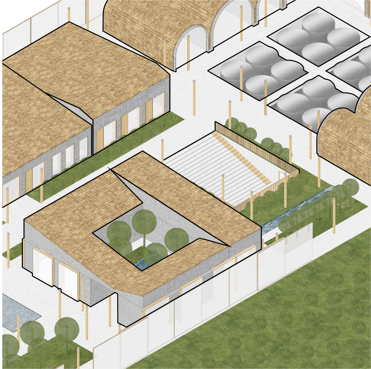 Courtyard buildings, amphitheatre, and production zones create a village-like architectural composition.