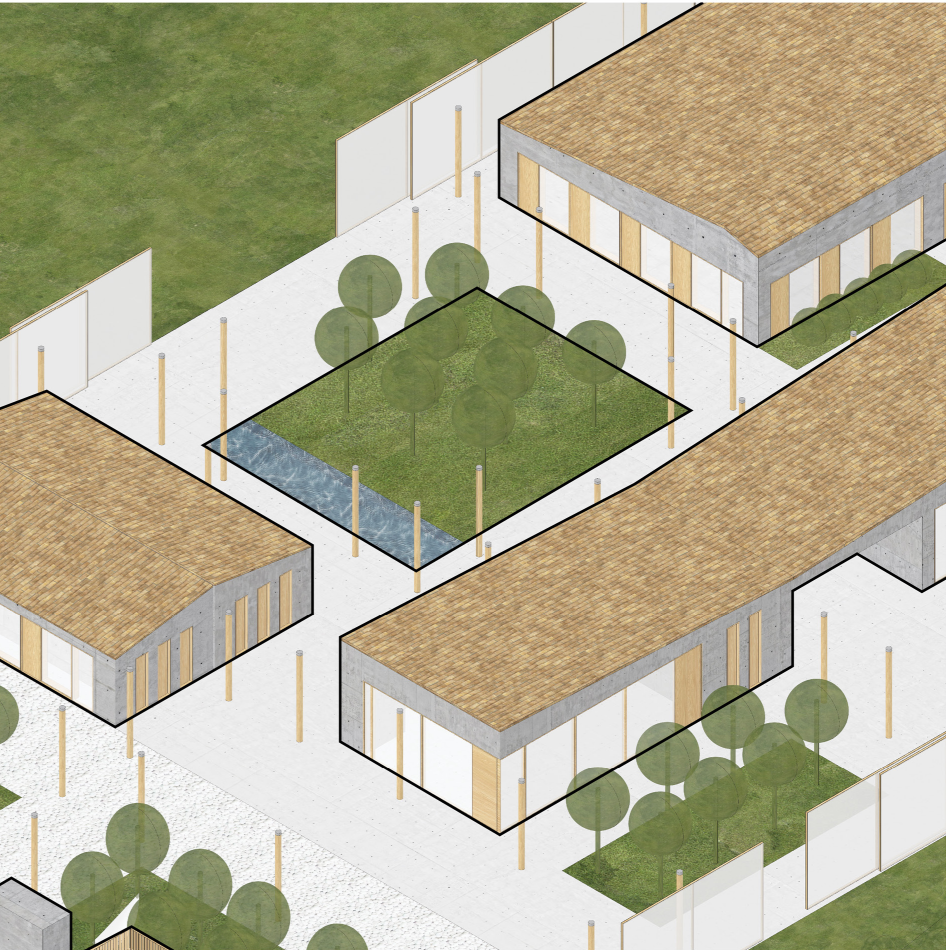 Low-rise winery volumes are arranged around landscaped courtyards, water features, and open pedestrian spaces.