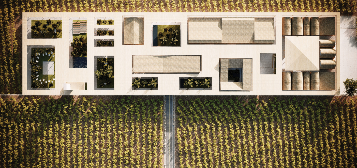 Aerial view of POUR showing the winery complex embedded within an expansive vineyard landscape.