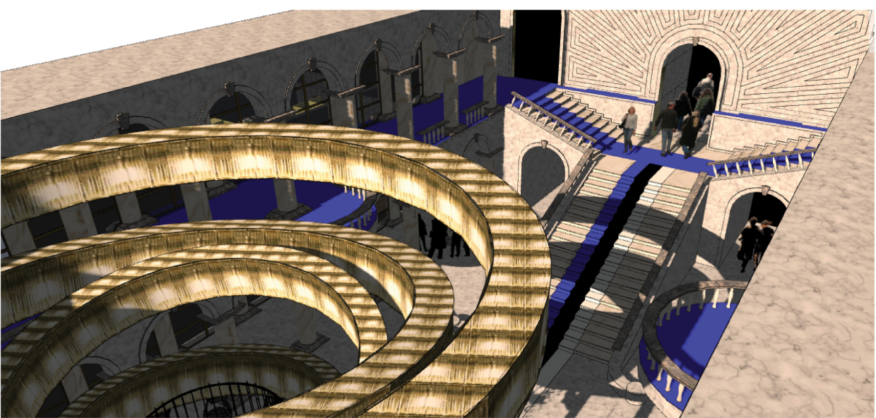 Sectional rendering showing illuminated spiral ramps descending around a central void with arched openings above