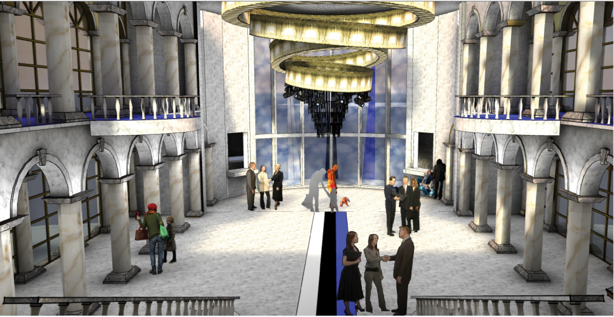 Interior view of a double-height atrium with stone columns, arched niches, and suspended ring chandeliers above gathered visitors