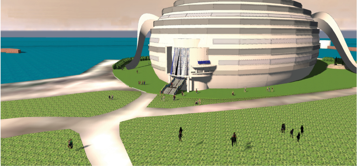 Exterior rendering of a domed ribbed structure on a green lawn beside water with scattered pedestrians