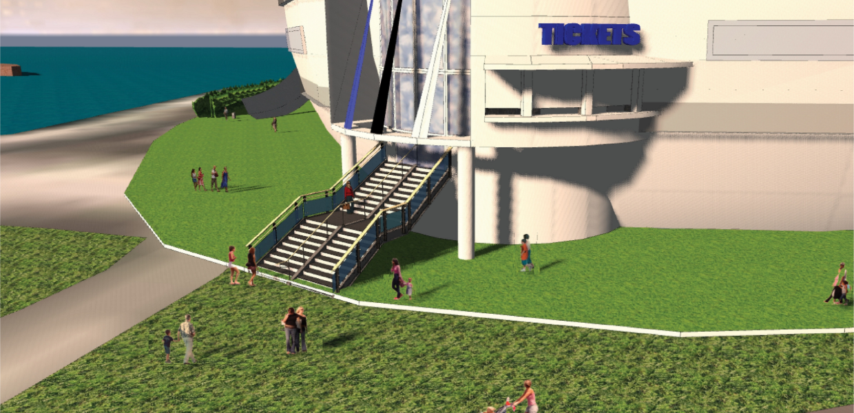 Ground-level view of an entrance stair leading to an elevated ticketing pavilion with people on the lawn
