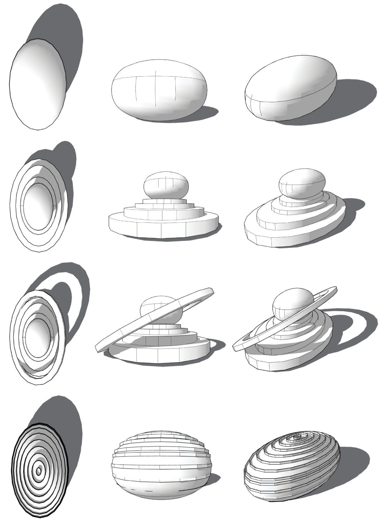 Diagram showing twelve variations of an ovoid form developing from simple volume to layered terraced structure