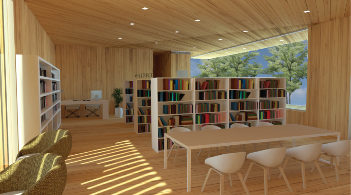 Warm timber interiors create a welcoming reading space filled with natural light and greenery.