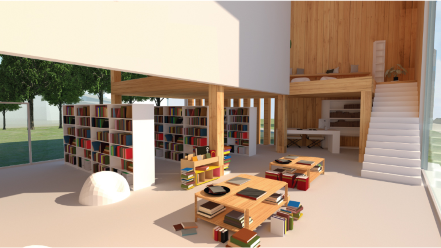 Open-plan library spaces combine bookshelves, informal seating, and flexible areas for learning and interaction.