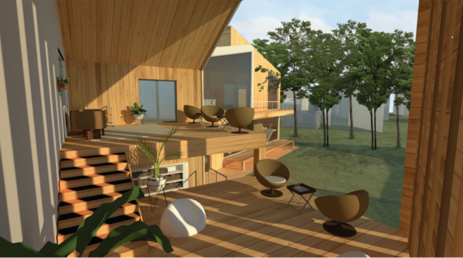 Elevated timber terraces extend reading and social spaces toward the surrounding landscape.