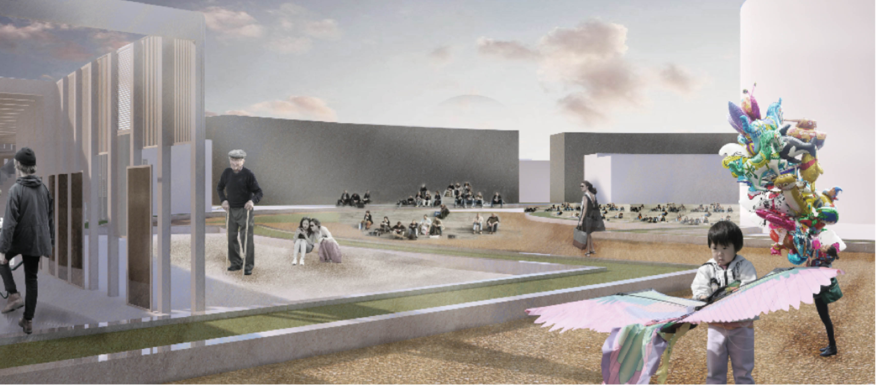 Public landscape rendering showing flexible outdoor spaces designed for gathering, movement, performance, and informal interaction.