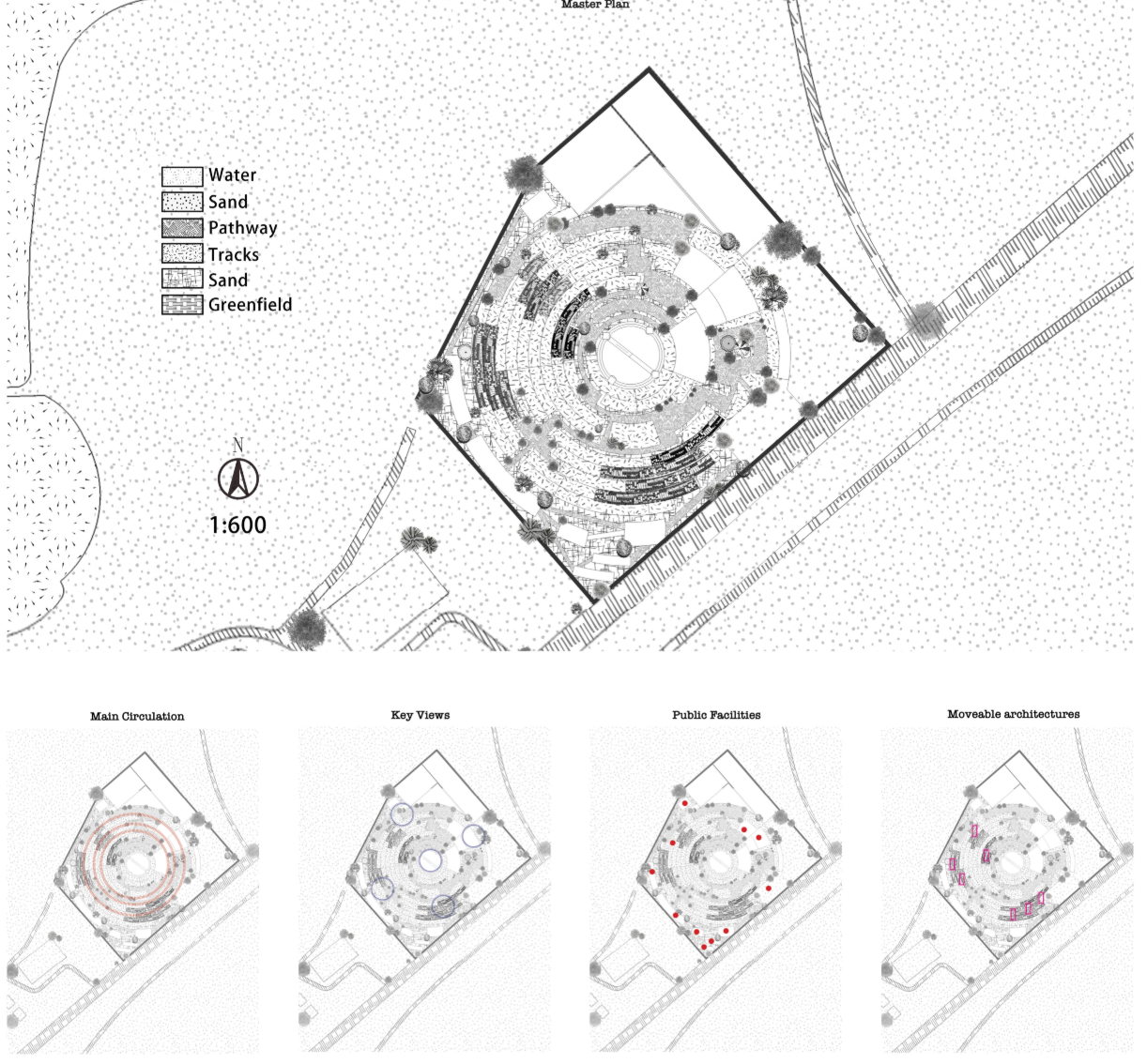 Master plan illustrating concentric circulation, key views, public facilities, landscape zones, and movable architectural elements.