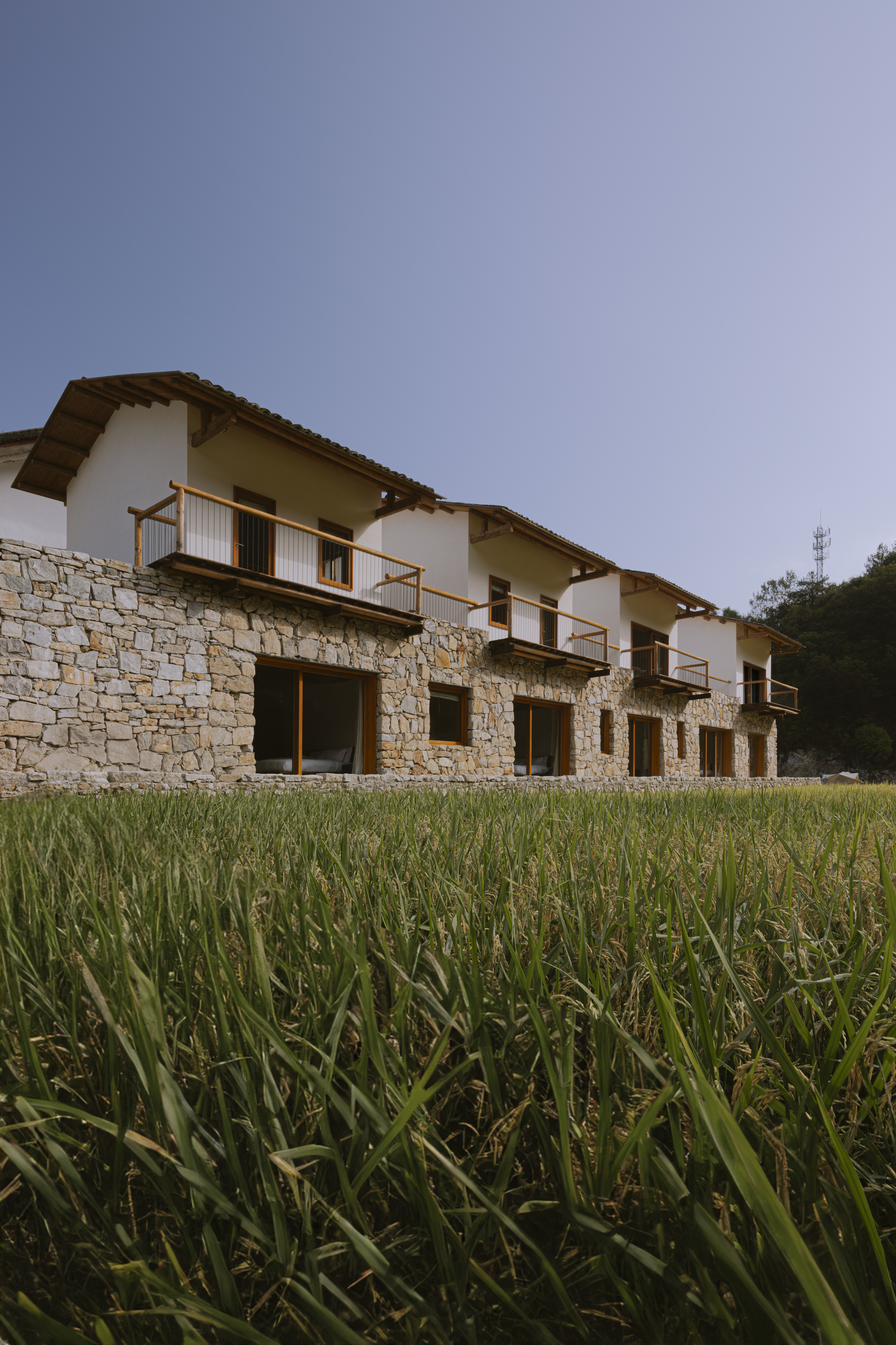 Stone wall facade with timber-framed balconies rising from a grassy rice paddy at dusk