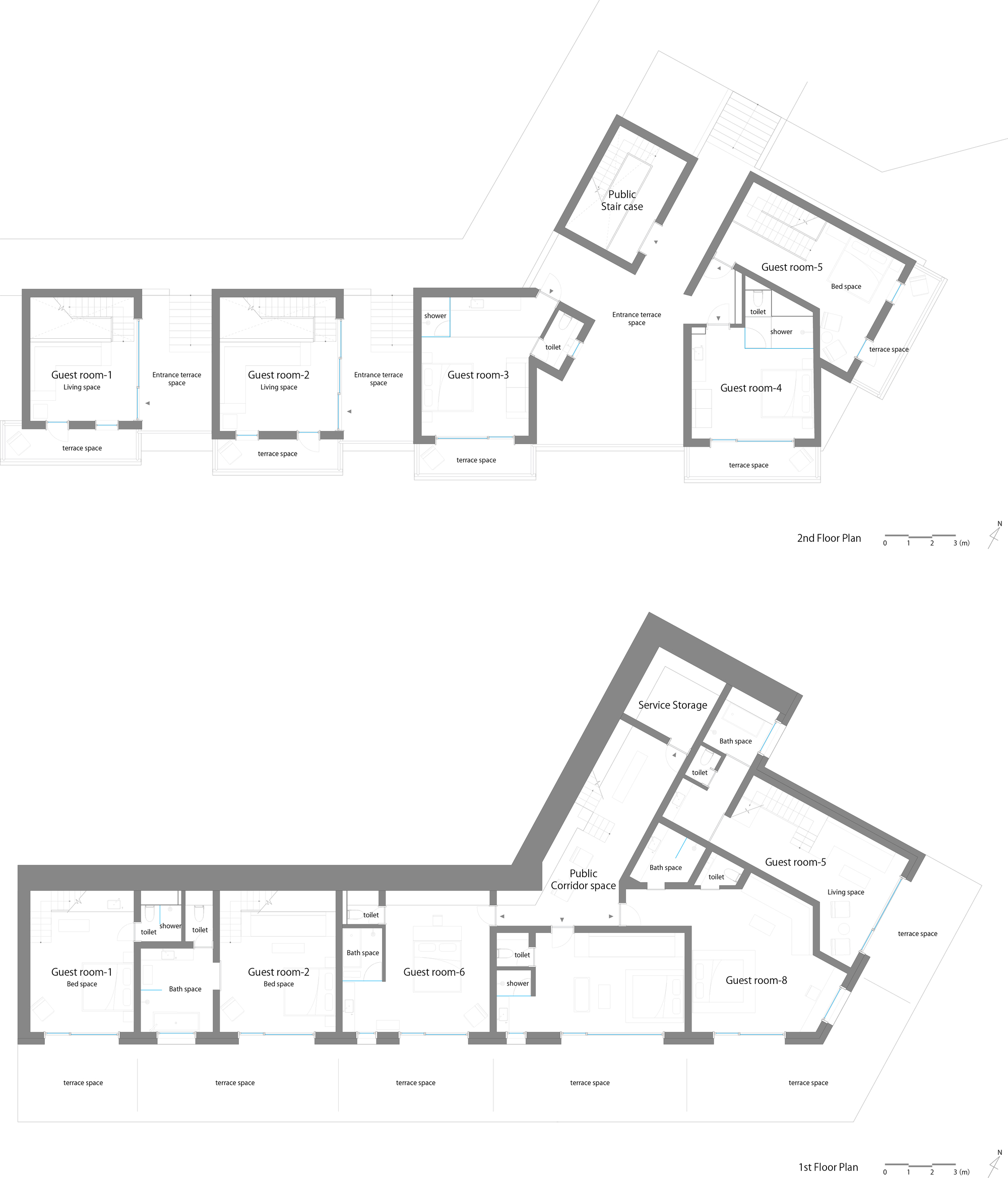 Floor plan drawings showing two levels with guest rooms and service areas arranged around a public corridor