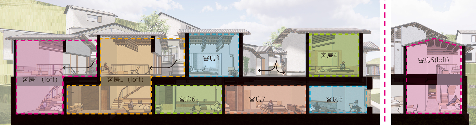 Section drawing with colored guest room volumes and a person walking through the corridor space
