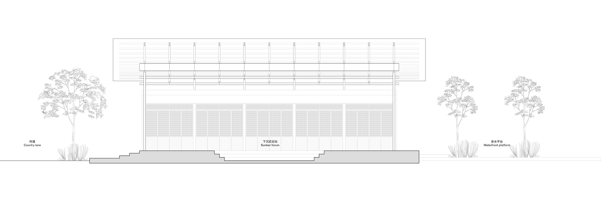 Elevation drawing of the pavilion showing the extended roof overhang and flanking trees