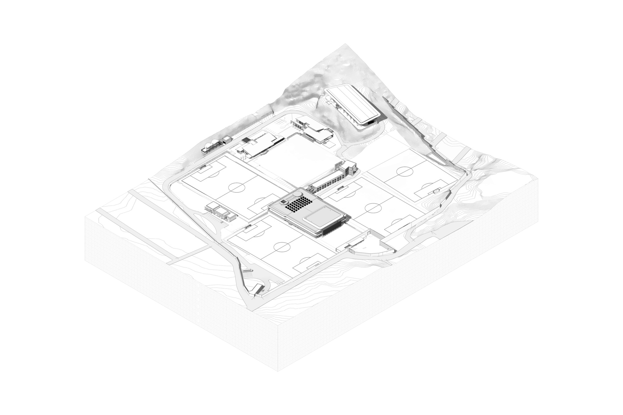 Axonometric drawing showing the sports complex with playing fields and surrounding topography