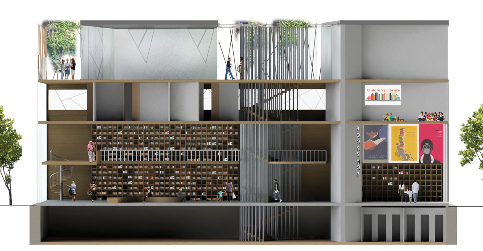 Section view showing Biblio’s layered library, bookshop, children’s area and rooftop garden.