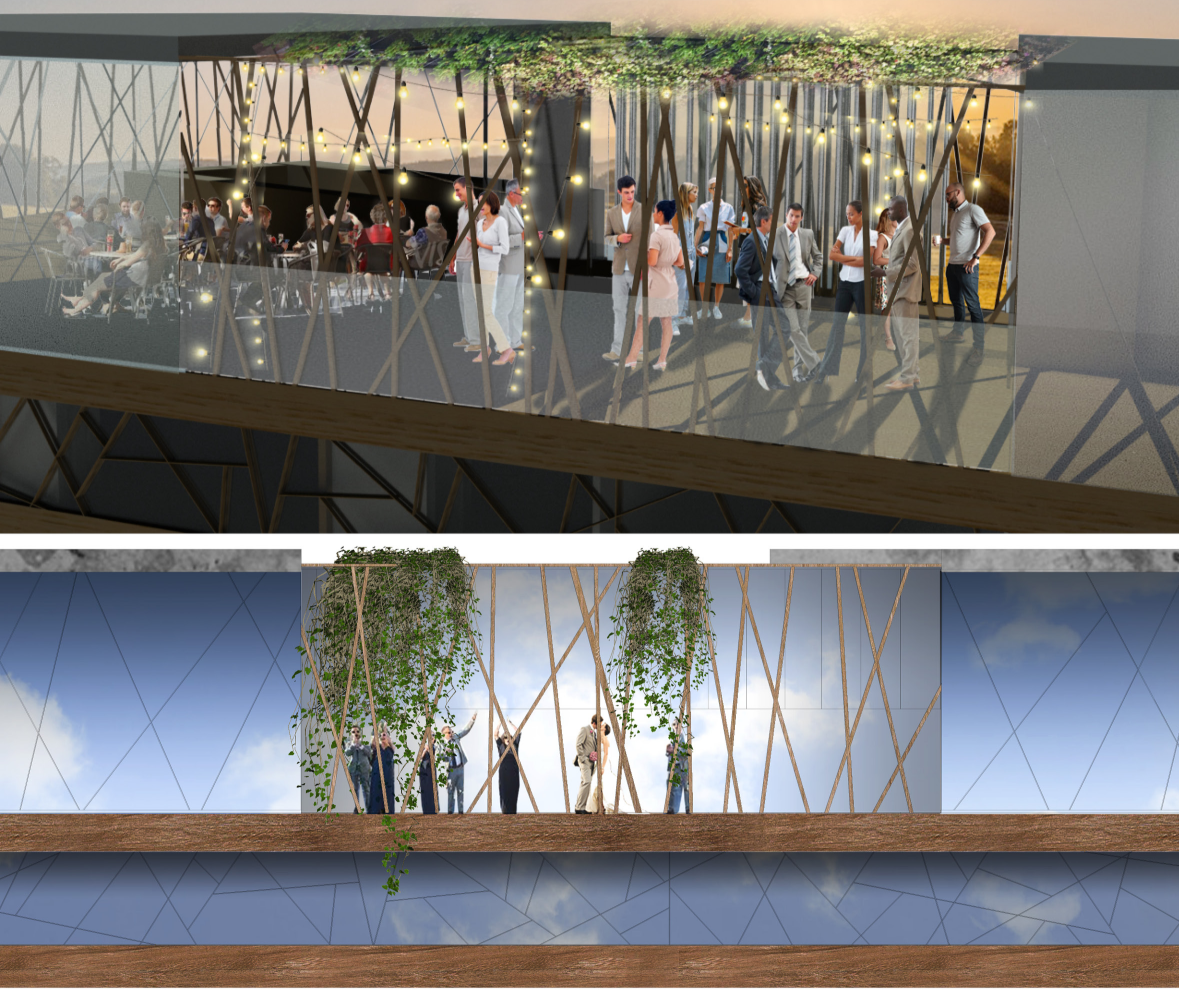 Rooftop terrace detail with greenery, glass enclosure and social event space.