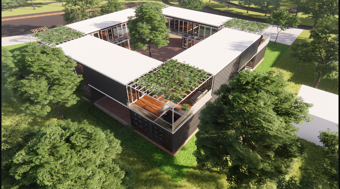 An aerial view highlights the container-based layout, shaded terraces and green courtyard.