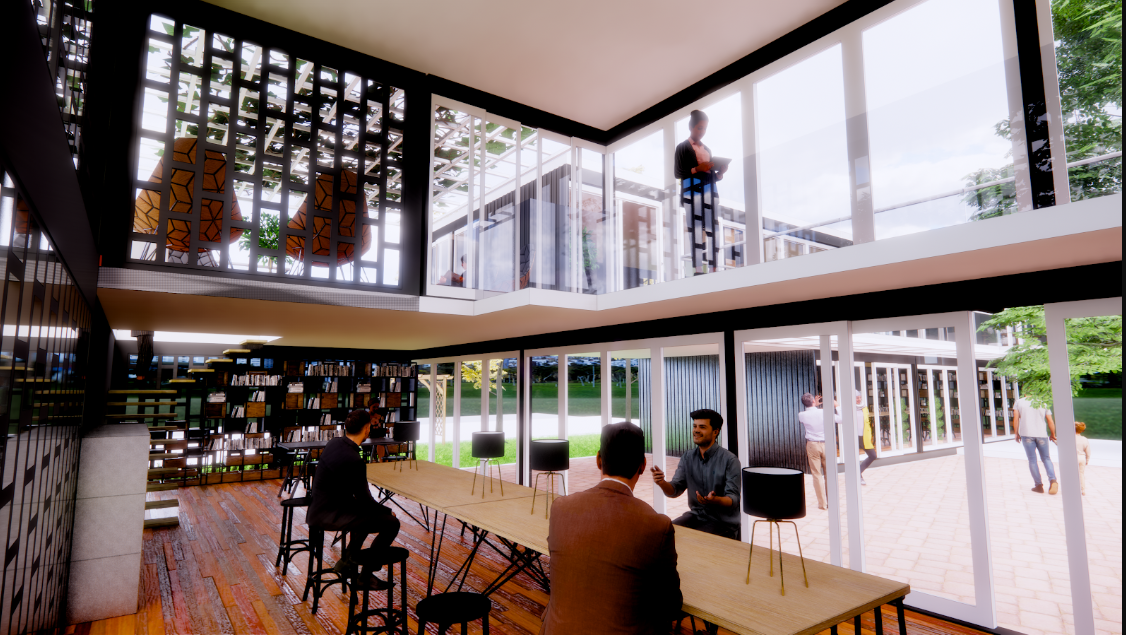 A double-height reading hall connects books, discussion spaces and natural daylight.