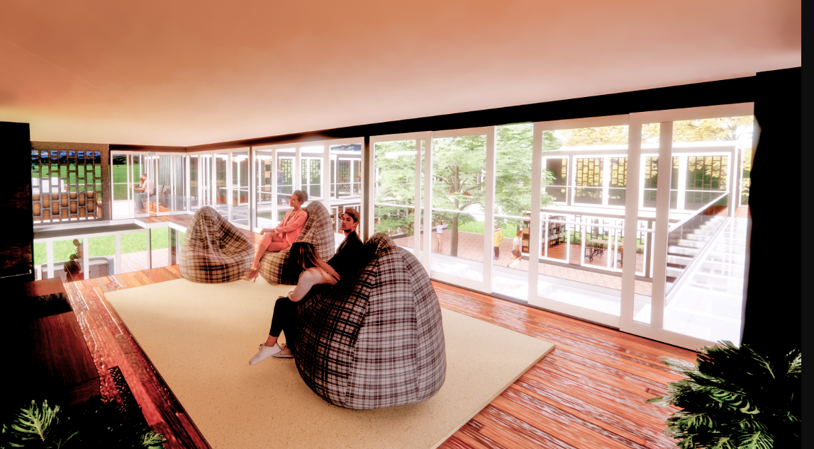 An informal lounge offers a relaxed setting for reading, conversation and community interaction.