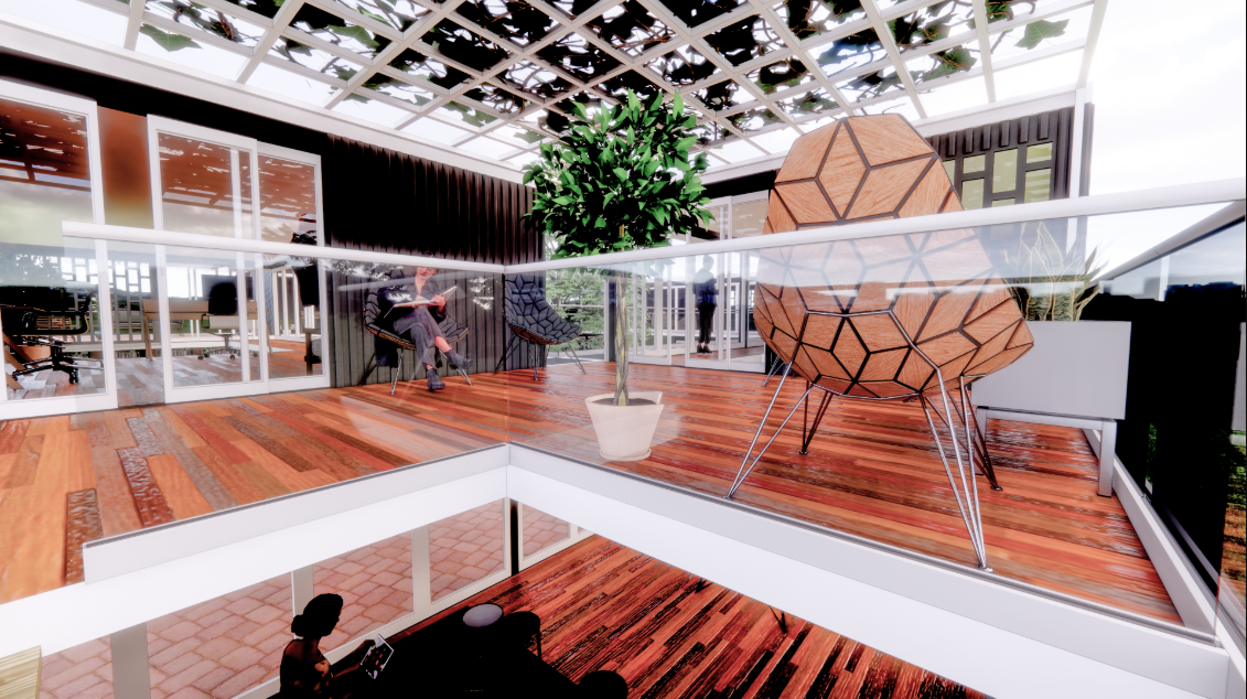 Upper-level reading pods and planted terraces create intimate spaces within the open library.