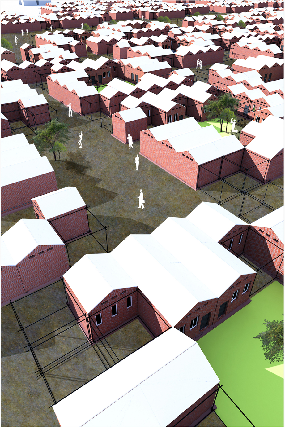 Modular brick housing clusters arranged with open circulation paths for post-earthquake community rebuilding.