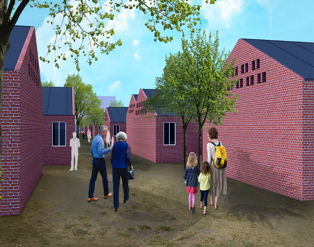 Pedestrian alley between brick housing units designed to restore neighbourhood life after crisis.