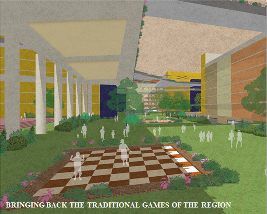A landscaped courtyard revives traditional games as part of everyday community life.