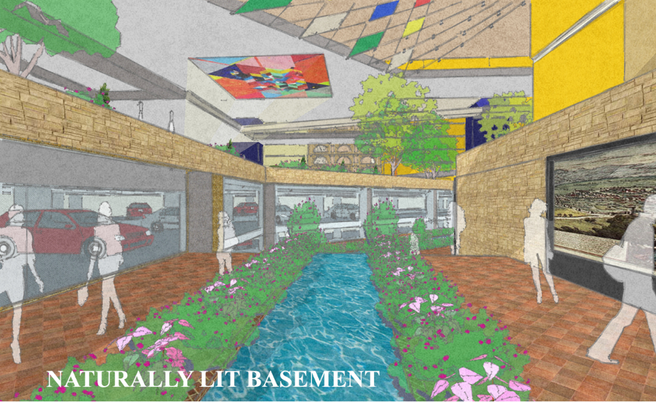 Natural light, planting, and water transform the basement into an active public environment.