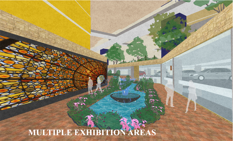 An exhibition corridor combines art, water, landscape, and circulation within the urban block.