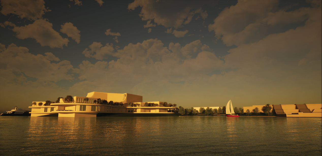 Waterfront view of the horizontal building complex reflected in calm water at golden hour