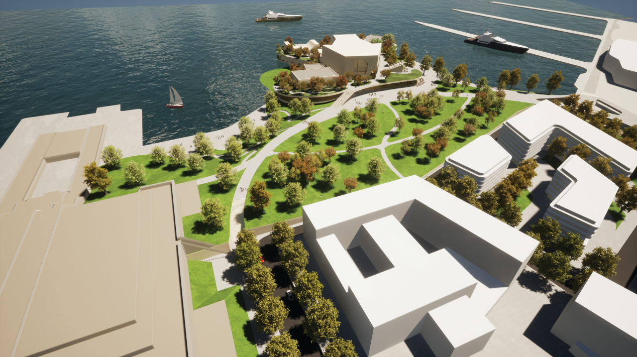 Aerial perspective showing the landscaped park with winding paths and white building volumes along the waterfront