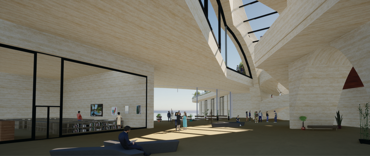 Interior atrium with travertine walls and skylights illuminating visitors gathered on the sunlit floor
